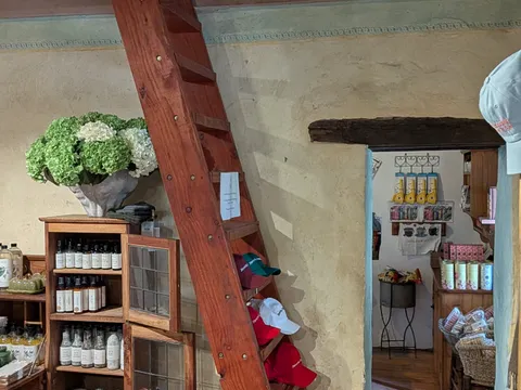 Inside the farm shop: shelves of soaps and oils, a ladder hung with caps, and baskets of woolly toy sheep.